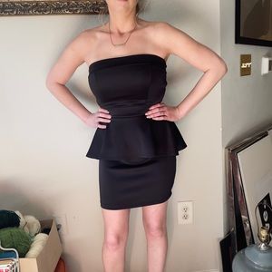 Silky Black Strapless Peplum Dress